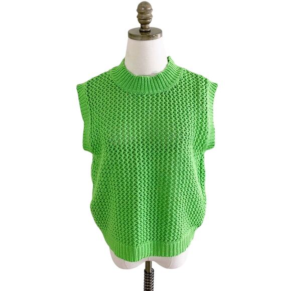 NWT Self Contrast Lime Green Open Knit Sweater Vest Women's Sz Medium Crew Neck - Picture 1 of 6